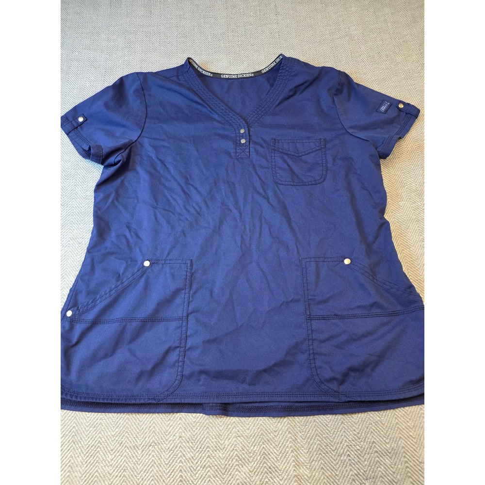 Genuine Dickies Scrub Top Women's L Indigo Blue Stretch Pockets V-Neck Pullover